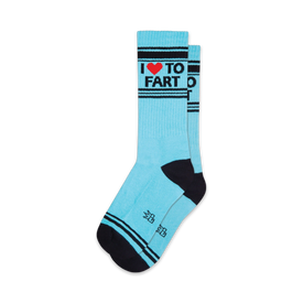 light blue and black striped socks with the words "i love to fart" on the front and bottom. for men and women.   