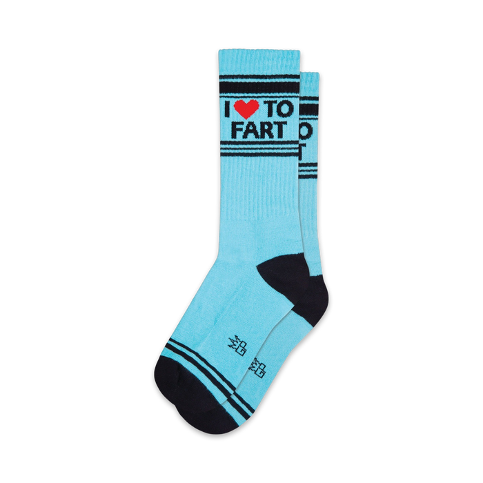 light blue and black striped socks with the words 