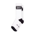 Pair of white crew socks with black 'GAY' band across the mid-leg. Black cuffs and toes.