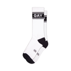 Pair of white crew socks with black 'GAY' band across the mid-leg. Black cuffs and toes.