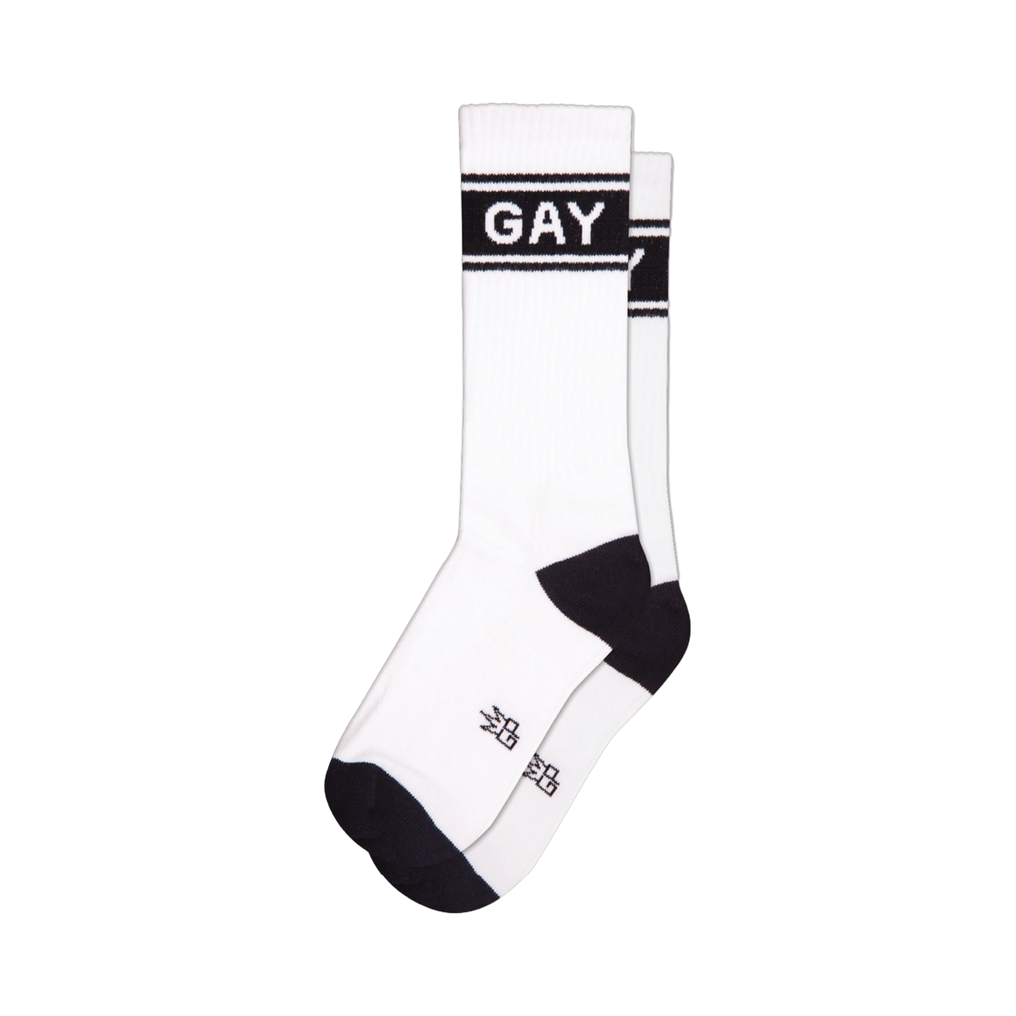 Pair of white crew socks with black 'GAY' band across the mid-leg. Black cuffs and toes.