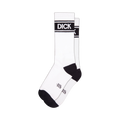 Pair of white crew socks with black heel and toe. A black band with 'DICK' in white lettering circles the top of the socks.