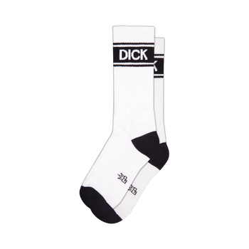 Pair of white crew socks with black heel and toe. A black band with 'DICK' in white lettering circles the top of the socks.