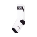 Pair of white crew socks with black cuffs and toes. A black band across the top reads 'FUCK' in capital letters.