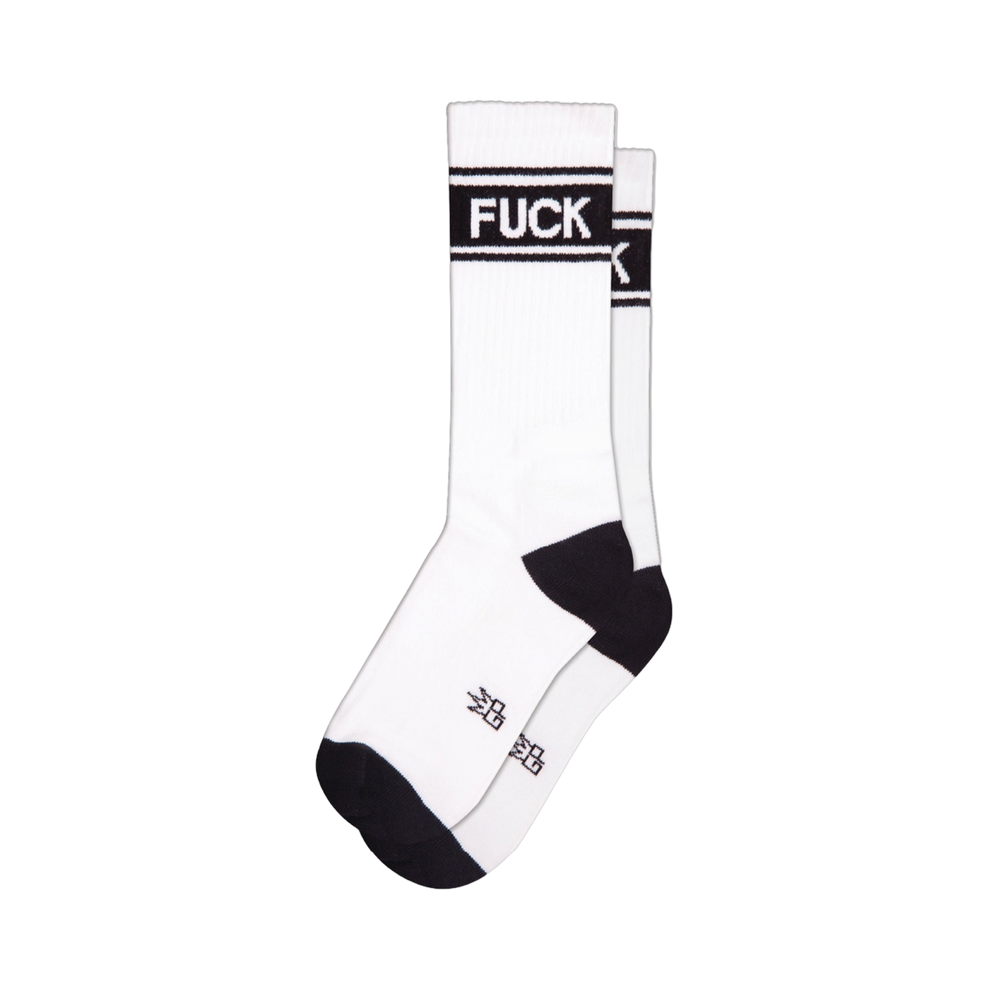 Pair of white crew socks with black cuffs and toes. A black band across the top reads 'FUCK' in capital letters.