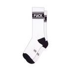 Pair of white crew socks with black cuffs and toes. A black band across the top reads 'FUCK' in capital letters.