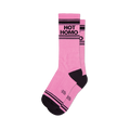 A pair of pink crew socks with black stripes and 'Hot Homo' in black lettering.  The socks have a dark charcoal heel and toe.