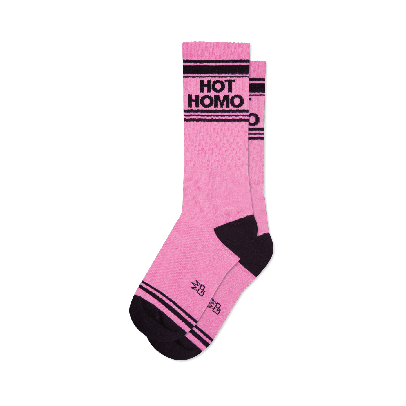 A pair of pink crew socks with black stripes and 'Hot Homo' in black lettering.  The socks have a dark charcoal heel and toe.