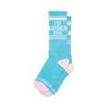 Pair of pastel blue crew socks with a repeated 'I'D FUCK ME' pattern in a light-colored font and pink stripes.