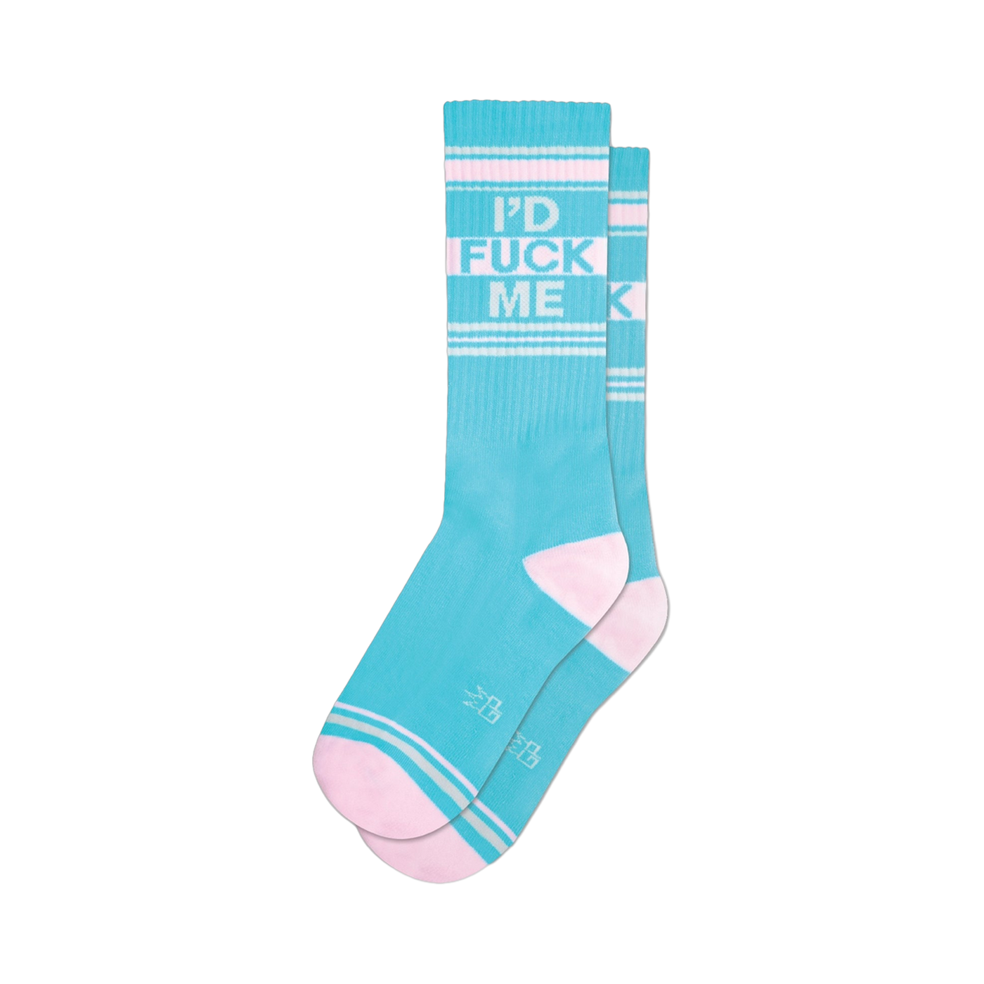 Pair of pastel blue crew socks with a repeated 'I'D FUCK ME' pattern in a light-colored font and pink stripes.