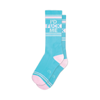 Pair of pastel blue crew socks with a repeated 'I'D FUCK ME' pattern in a light-colored font and pink stripes.