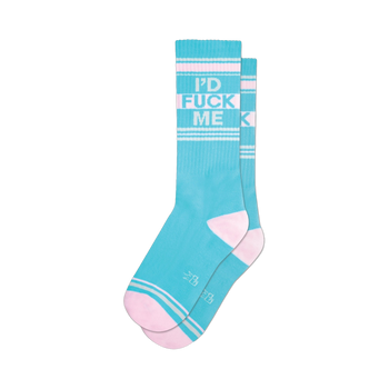 Pair of pastel blue crew socks with a repeated 'I'D FUCK ME' pattern in a light-colored font and pink stripes.
