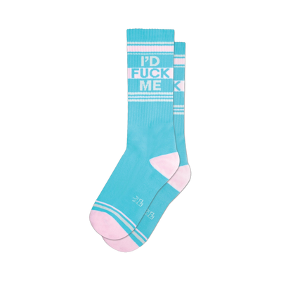 Pair of pastel blue crew socks with a repeated 'I'D FUCK ME' pattern in a light-colored font and pink stripes.
