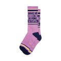 Pair of lavender crew socks with navy and yellow accents.  Text reads: 'Wake Me When the Boring Stops'.
