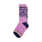 Pair of lavender crew socks with navy and yellow accents.  Text reads: 'Wake Me When the Boring Stops'.