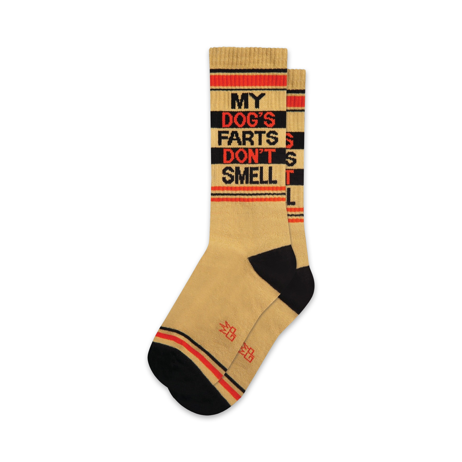 A pair of tan crew socks with black and orange stripes and the text 'MY DOG'S FARTS DON'T SMELL' in black.