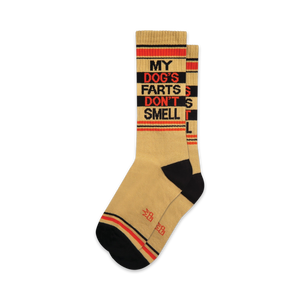 tan crew-length socks with black and red stripes, black heels and toes. statement: 