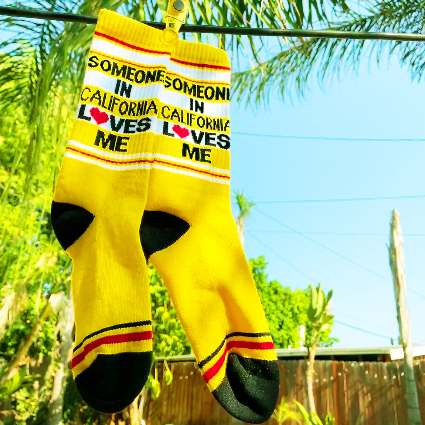 Close-up of yellow 'Someone in California Loves Me' socks hanging on a clothesline outdoors. [lf]