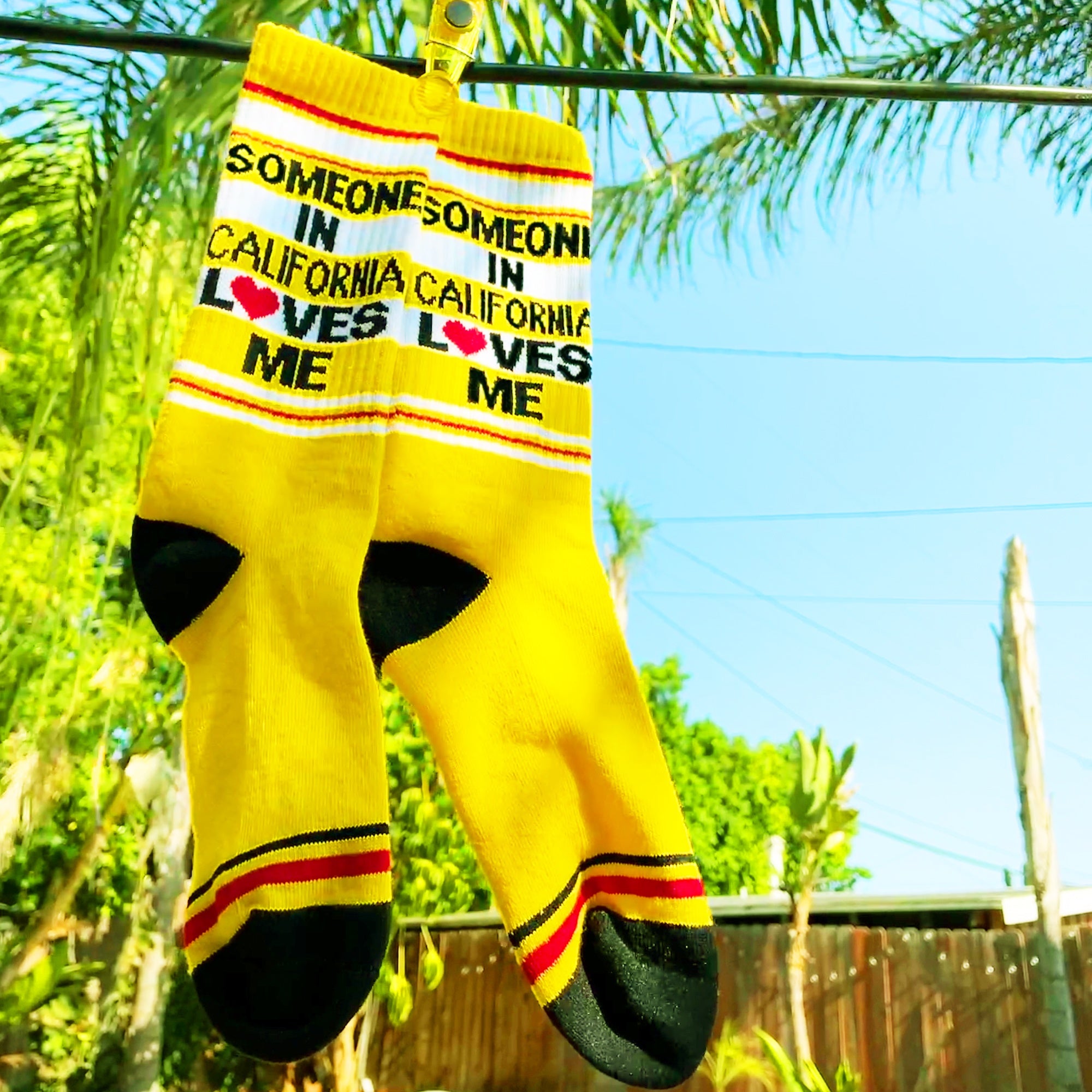 Close-up of yellow 'Someone in California Loves Me' socks hanging on a clothesline outdoors. [lf]