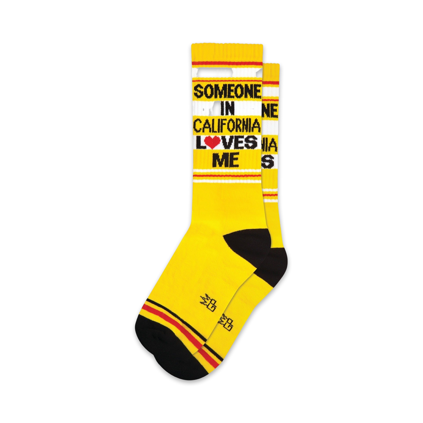 Pair of yellow crew socks with black and red stripes and the text 'Someone in California Loves Me'.