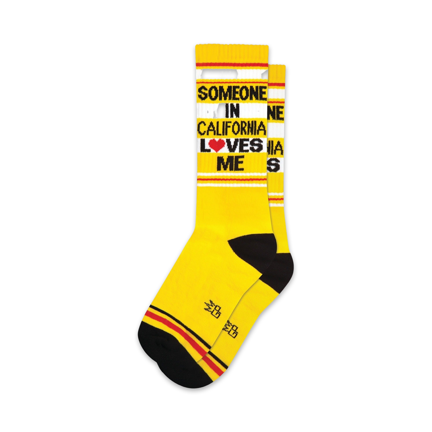 Pair of yellow crew socks with black and red stripes and the text 'Someone in California Loves Me'.
