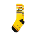 Pair of yellow crew socks with black and red stripes and the text 'I LOVE MY ATTITUDE PROBLEM'.