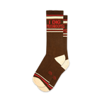 Pair of brown crew socks with red and white stripes and the text 'I Dig Mushrooms'.
