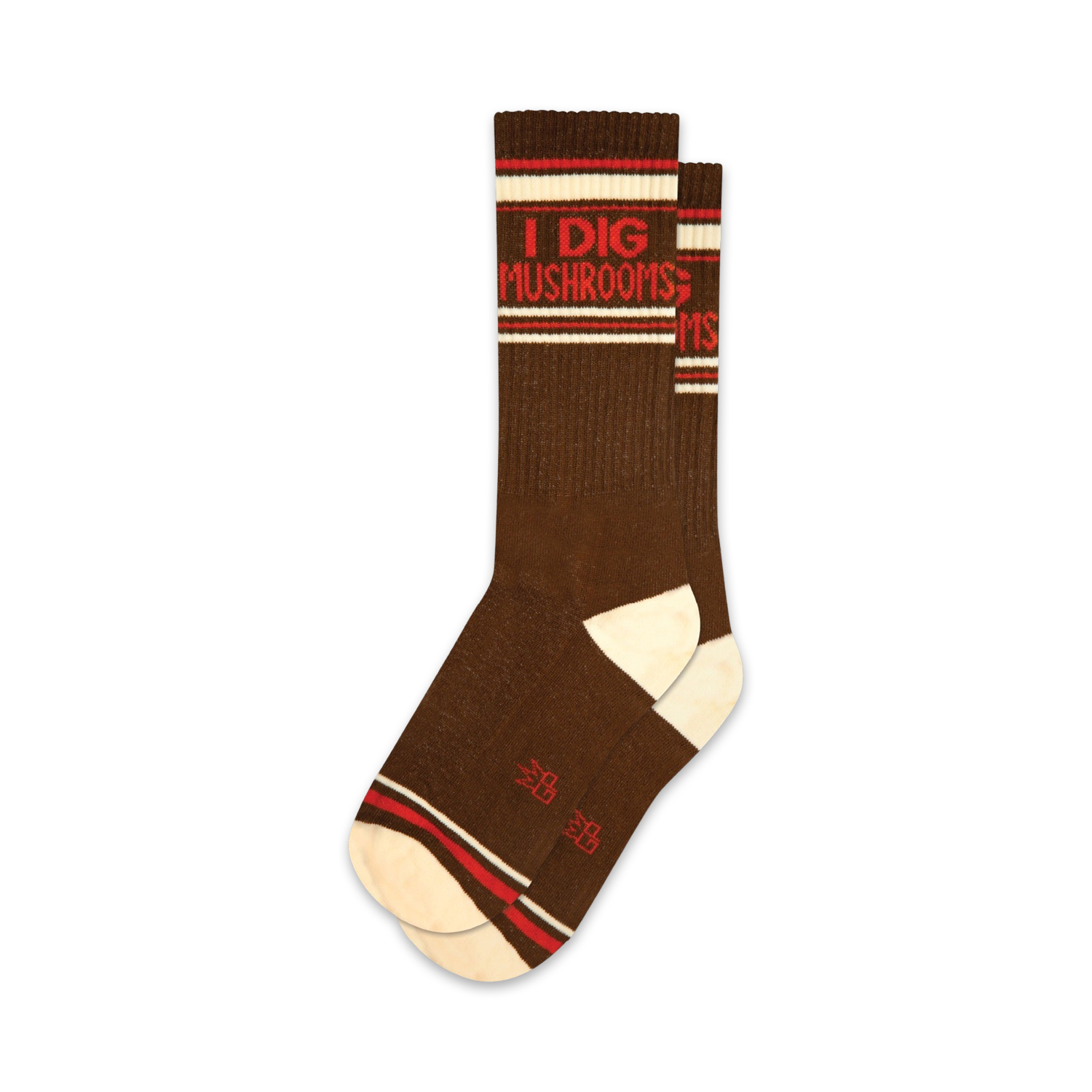 Pair of brown crew socks with red and white stripes and the text 'I Dig Mushrooms'.