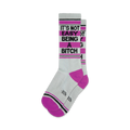 Pair of grey crew socks with hot pink cuffs and heel.  Black text reads 'It's Not Easy Being a Bitch'.
