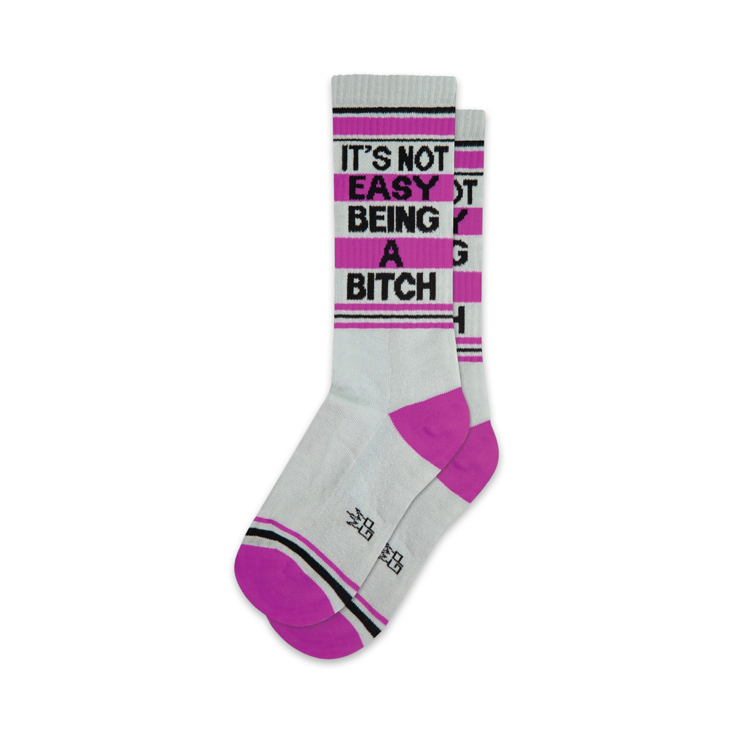 Pair of grey crew socks with hot pink cuffs and heel.  Black text reads 'It's Not Easy Being a Bitch'.