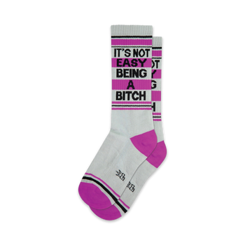 white socks with pink/purple stripes, pink toes/heels, and "it's not easy being a bitch" knitted in. length: crew. for men and women.  