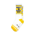 Pair of white crew socks with yellow stripes and the text 'PERFECT IN EVERY WAY' in black. 