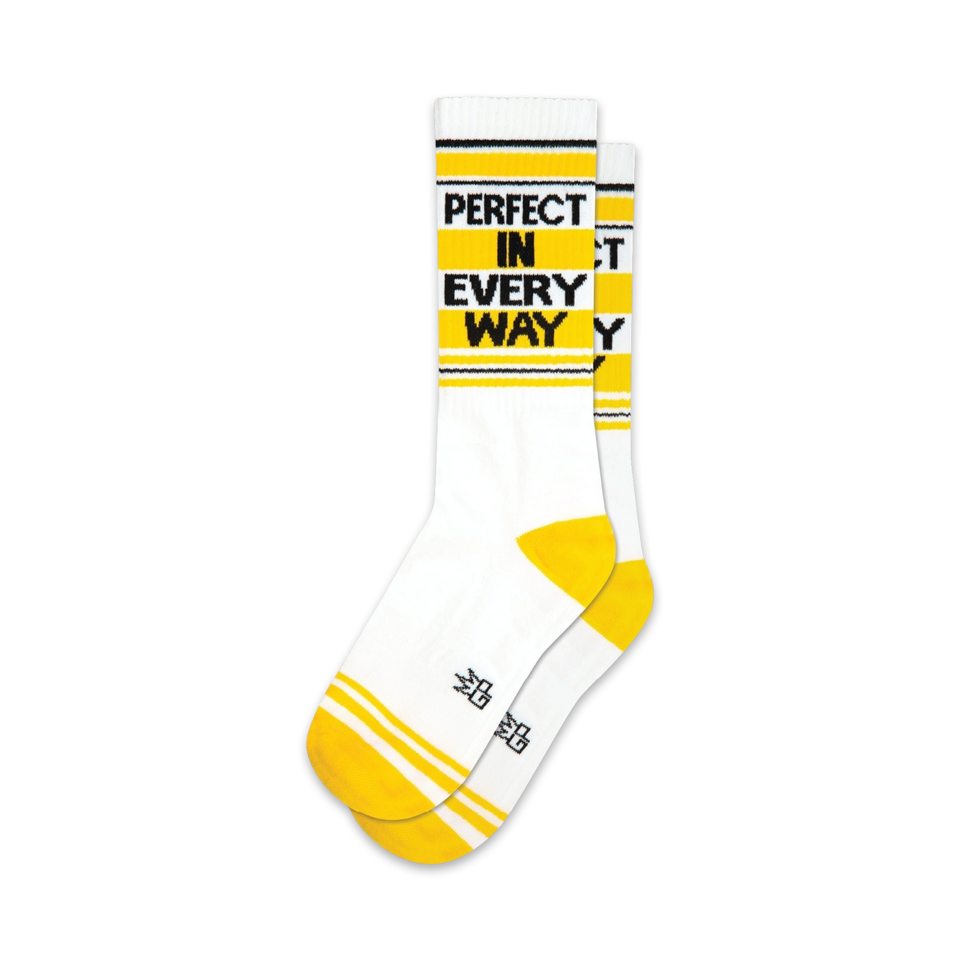 Pair of white crew socks with yellow stripes and the text 'PERFECT IN EVERY WAY' in black. 