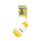 Pair of white crew socks with yellow stripes and the text 'PERFECT IN EVERY WAY' in black. 