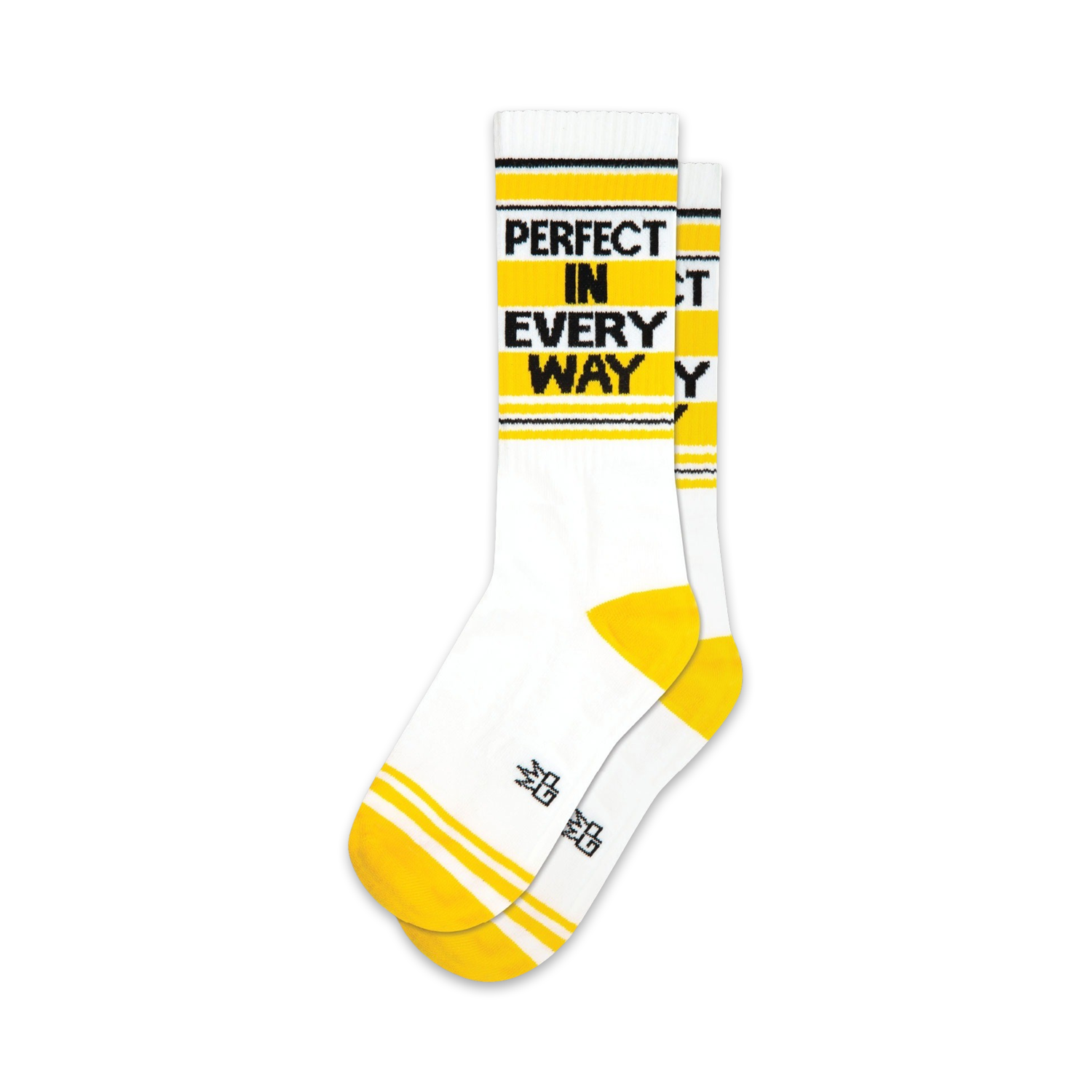 Pair of white crew socks with yellow stripes and the text 'PERFECT IN EVERY WAY' in black. 