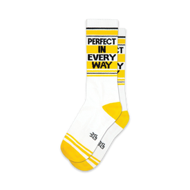 white socks with yellow stripes reading 'perfect in every way' for men and women. crew length.   