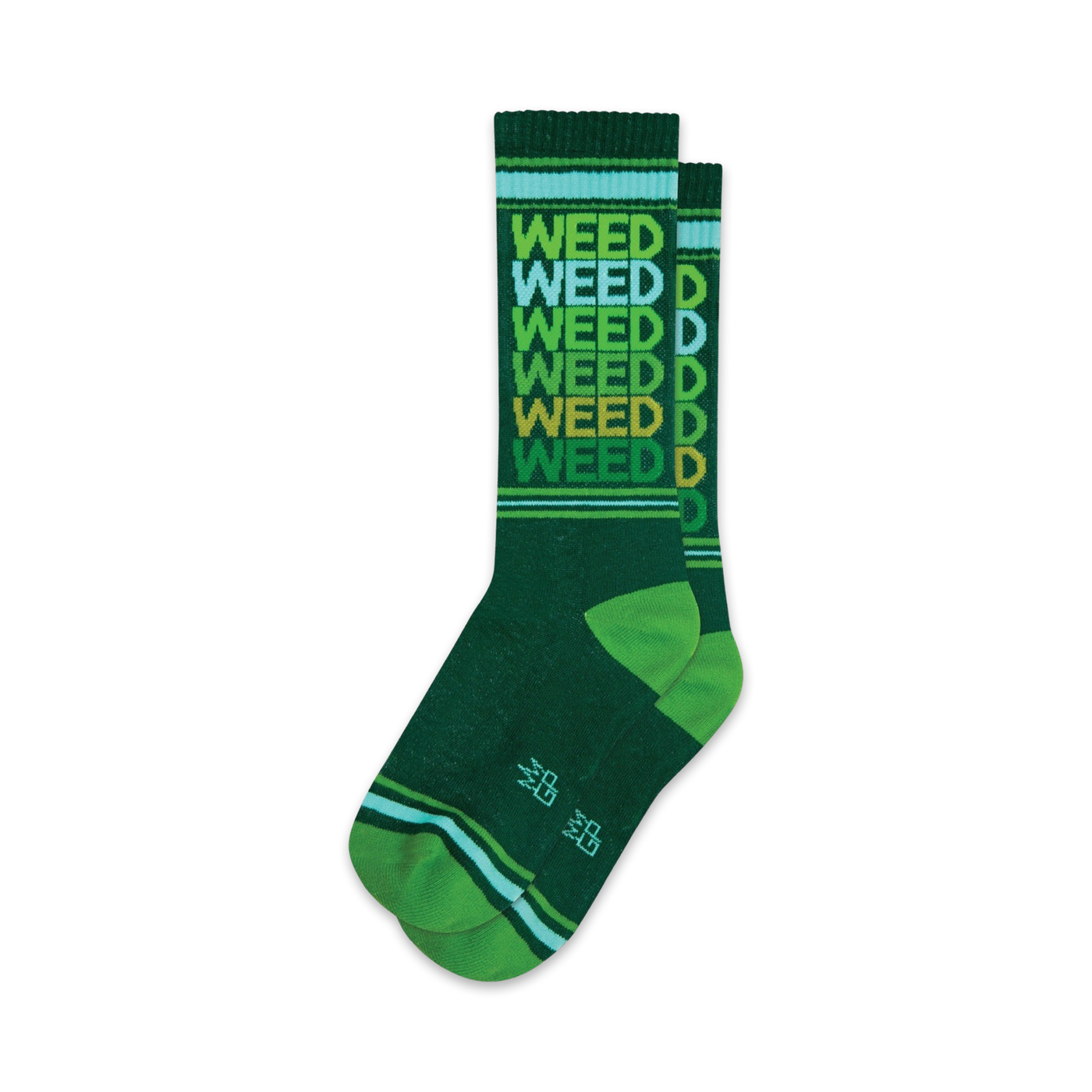 A pair of green crew socks with a repeating 'WEED' pattern in shades of green, gold, and light blue. The socks have green and light blue stripes at the cuff.