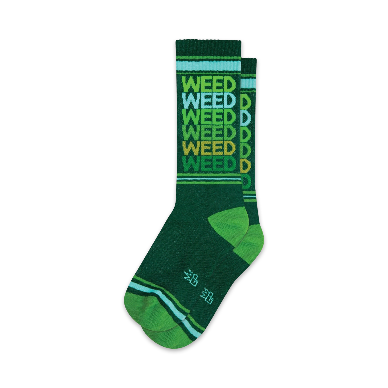 A pair of green crew socks with a repeating 'WEED' pattern in shades of green, gold, and light blue. The socks have green and light blue stripes at the cuff.
