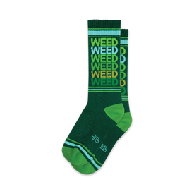  dark green crew socks with repeating "weed" pattern.  