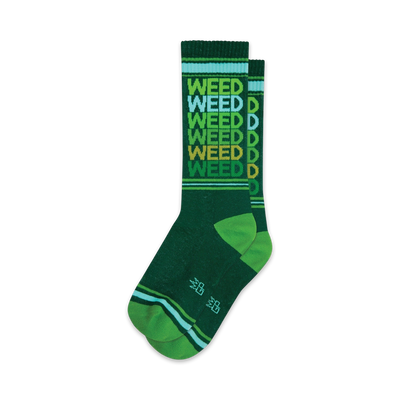  dark green crew socks with repeating "weed" pattern.  