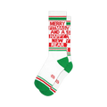 White crew socks with red and green stripes and the text "Merry Fitmas and a Happy New Rear"
