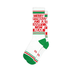 White crew socks with red and green stripes and the text "Merry Fitmas and a Happy New Rear"