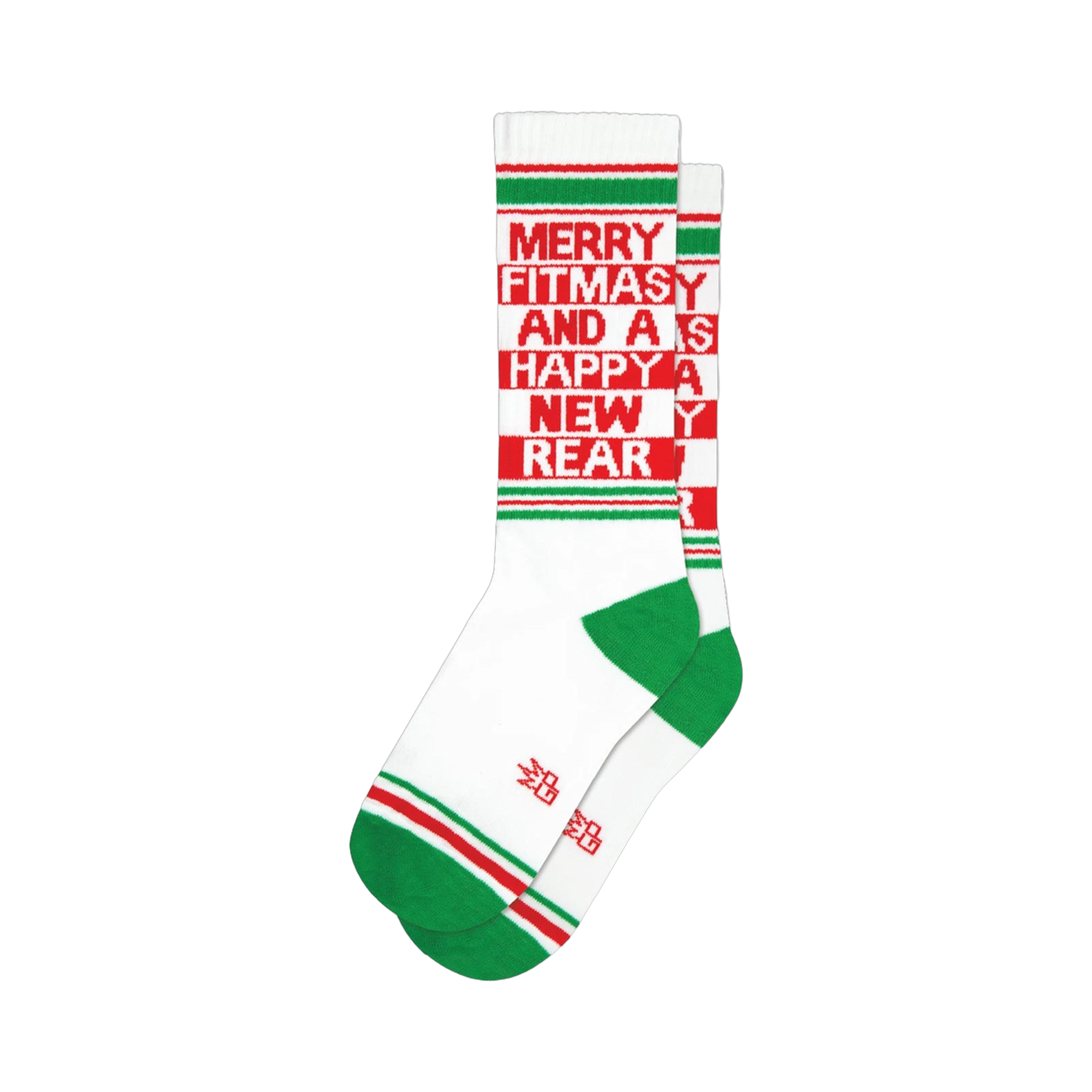 White crew socks with red and green stripes and the text "Merry Fitmas and a Happy New Rear"