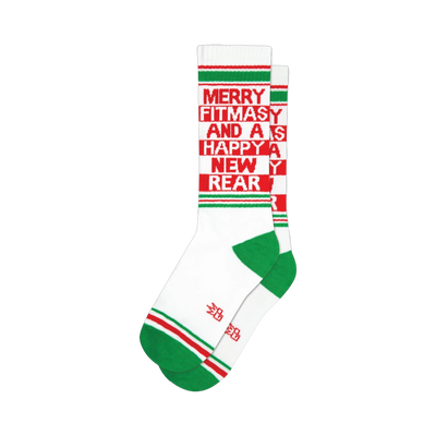 White crew socks with red and green stripes and the text "Merry Fitmas and a Happy New Rear"