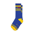 Pair of blue and yellow crew socks. Features 'I Love Puzzles' text and yellow stripes.