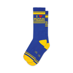 Pair of blue and yellow crew socks. Features 'I Love Puzzles' text and yellow stripes.