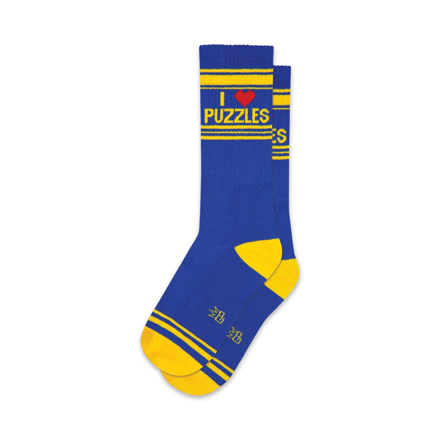 Pair of blue and yellow crew socks. Features 'I Love Puzzles' text and yellow stripes.