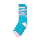 Pair of teal crew socks with pink stripes and the text 'Young Broke and Fabulous'. Fun, vibrant design.