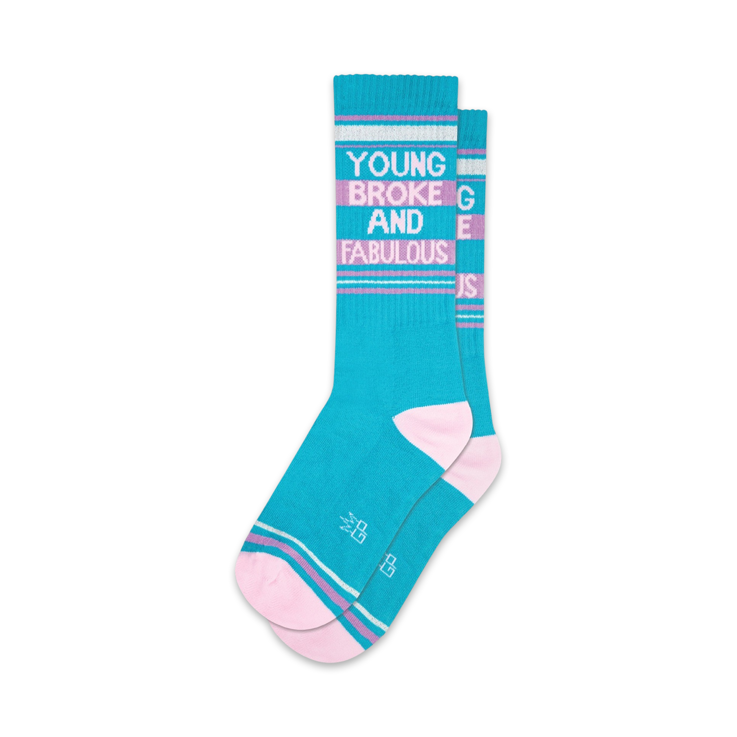 Pair of teal crew socks with pink stripes and the text 'Young Broke and Fabulous'. Fun, vibrant design.