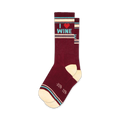 Pair of burgundy crew socks with cream and teal stripes and 'I Love Wine' graphic.